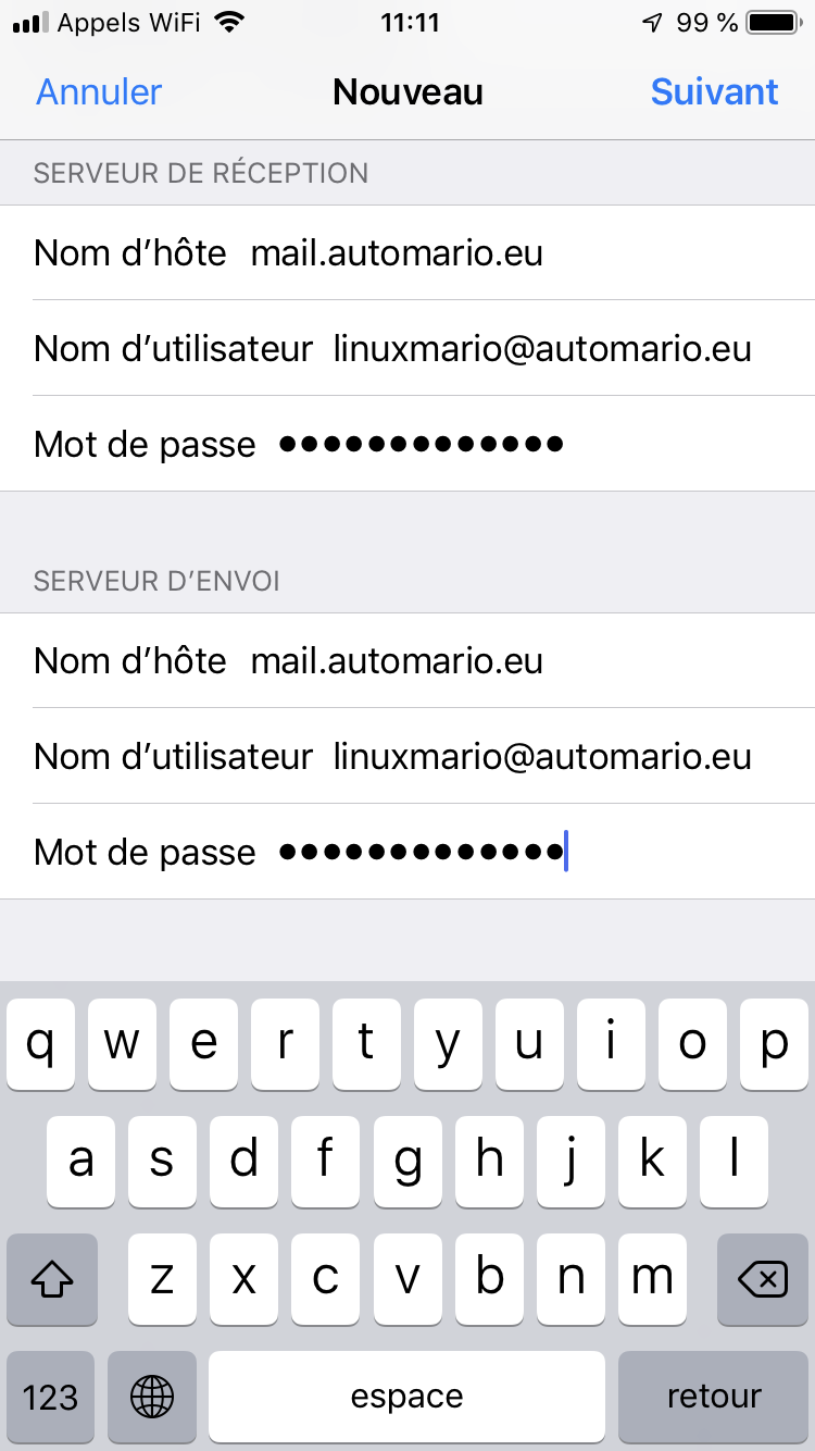 Configuration du serveur d'envoi sous iOS