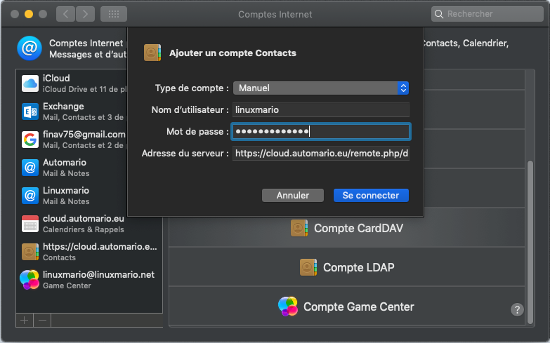 Configuration du compte CardDAV avec l'assistant MacOS